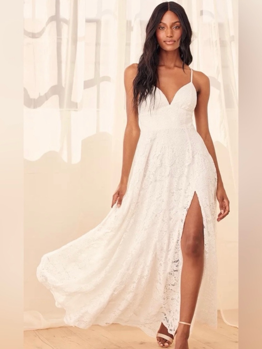 Lulu's White Lace V-Neck Spaghetti-Strap Maxi Dress with Side Slit